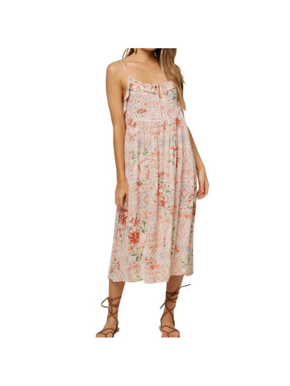 O'Neill Gardenia Peach Floral Tie-Front Spaghetti Midi Dress